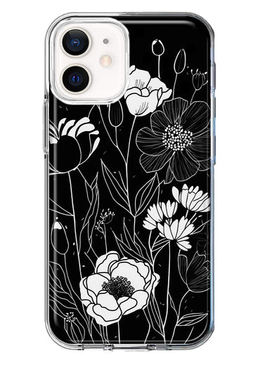 Apple iPhone 12 Line Drawing Art White Floral Flowers Hybrid Protective Phone Case Cover