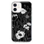 Apple iPhone 12 Mini Line Drawing Art White Floral Flowers Hybrid Protective Phone Case Cover