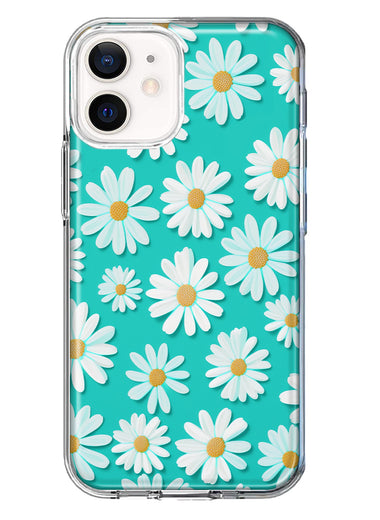 Apple iPhone 12 Mini Turquoise Teal White Daisies Cute Daisy Polka Dots Double Layer Phone Case Cover