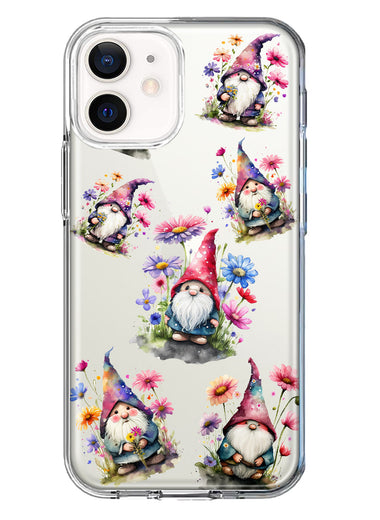 Apple iPhone 12 Cute Pink Purple Cosmos Flowers Gnomes Spring Floral Double Layer Phone Case Cover