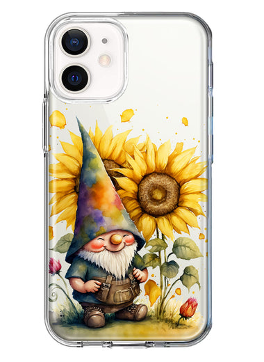 Apple iPhone 12 Cute Gnome Sunflowers Clear Hybrid Protective Phone Case Cover