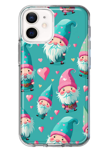 Apple iPhone 12 Turquoise Pink Hearts Gnomes Hybrid Protective Phone Case Cover