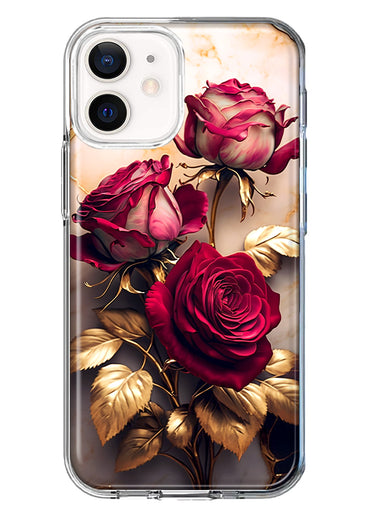 Apple iPhone 12 Mini Romantic Elegant Gold Marble Red Roses Double Layer Phone Case Cover