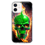 Apple iPhone 12 Green Flaming Skull Burning Fire Double Layer Phone Case Cover