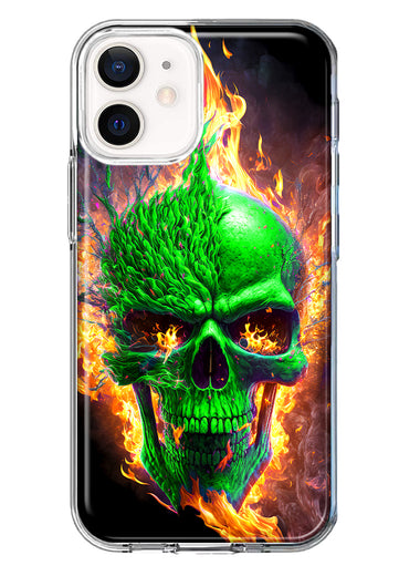Apple iPhone 12 Mini Green Flaming Skull Burning Fire Double Layer Phone Case Cover