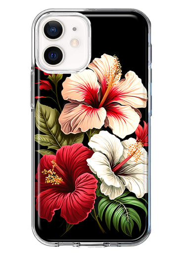 Apple iPhone 12 Pink Red Hibiscus Wild Flowers Floral Hybrid Protective Phone Case Cover