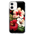 Apple iPhone 12 Pink Red Hibiscus Wild Flowers Floral Hybrid Protective Phone Case Cover