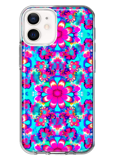 Apple iPhone 12 Pink Blue Vintage Hippie Tie Dye Flowers Hybrid Protective Phone Case Cover