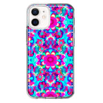 Apple iPhone 12 Pink Blue Vintage Hippie Tie Dye Flowers Hybrid Protective Phone Case Cover