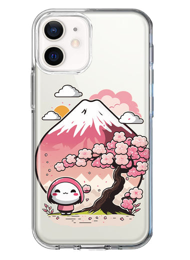 Apple iPhone 12 Mini Kawaii Manga Pink Cherry Blossom Fuji Mountain Mochi Girl Hybrid Protective Phone Case Cover