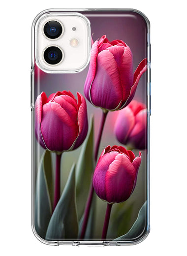 Apple iPhone 12 Pink Tulip Flowers Floral Hybrid Protective Phone Case Cover