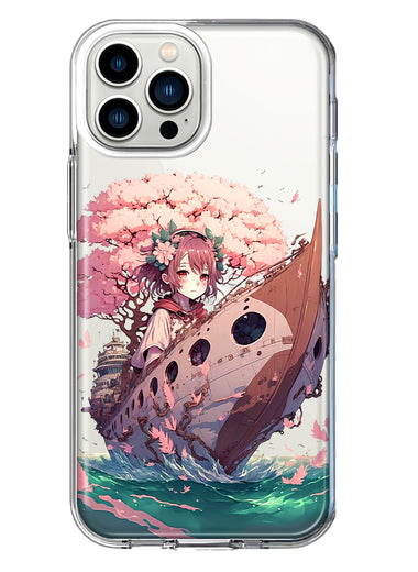 Apple iPhone 12 Pro Max Kawaii Manga Pink Cherry Blossom Japanese Girl Boat Hybrid Protective Phone Case Cover