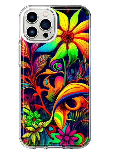 Apple iPhone 11 Pro Max Neon Rainbow Psychedelic Trippy Hippie Daisy Flowers Hybrid Protective Phone Case Cover