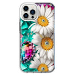 Apple iPhone 12 Pro Colorful Crystal White Daisies Rainbow Gems Teal Double Layer Phone Case Cover