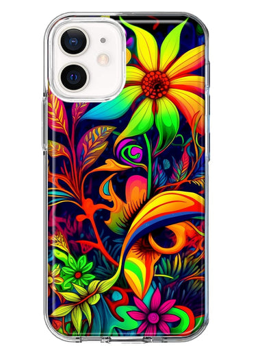 Apple iPhone 12 Neon Rainbow Psychedelic Trippy Hippie Daisy Flowers Hybrid Protective Phone Case Cover