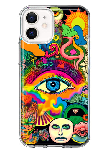 Apple iPhone 12 Neon Rainbow Psychedelic Trippy Hippie Multiple Eyes Hybrid Protective Phone Case Cover