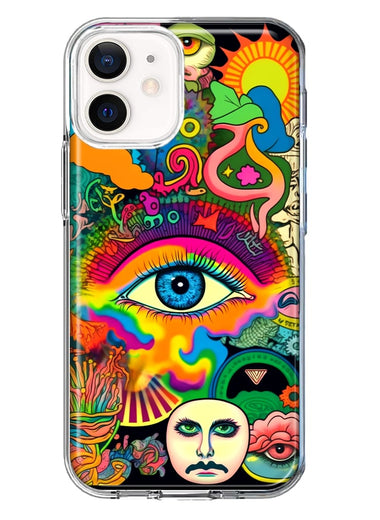 Apple iPhone 12 Mini Neon Rainbow Psychedelic Trippy Hippie Multiple Eyes Hybrid Protective Phone Case Cover