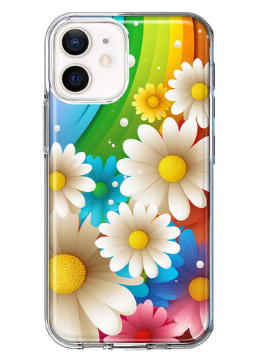 Apple iPhone 12 Mini Colorful Rainbow Daisies Blue Pink White Green Double Layer Phone Case Cover