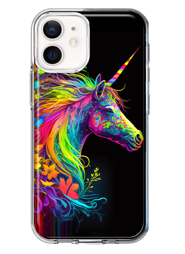 Apple iPhone 12 Neon Rainbow Glow Unicorn Floral Hybrid Protective Phone Case Cover
