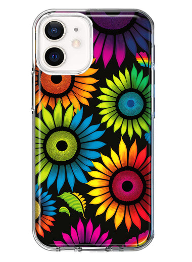 Apple iPhone 12 Mini Neon Rainbow Glow Sunflowers Colorful Floral Pink Purple Double Layer Phone Case Cover
