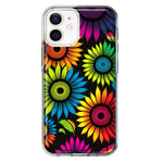Apple iPhone 12 Mini Neon Rainbow Glow Sunflowers Colorful Floral Pink Purple Double Layer Phone Case Cover