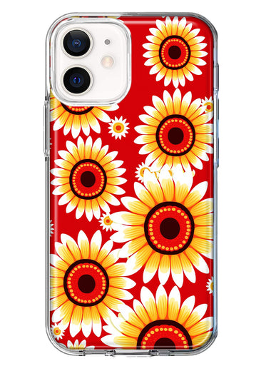 Apple iPhone 12 Yellow Sunflowers Polkadot on Red Double Layer Phone Case Cover
