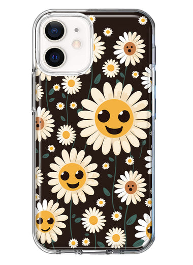 Apple iPhone 12 Cute Smiley Face White Daisies Double Layer Phone Case Cover