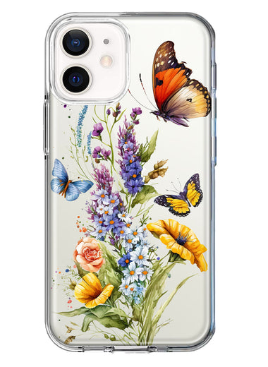 Apple iPhone 12 Yellow Purple Spring Flowers Butterflies Floral Hybrid Protective Phone Case Cover