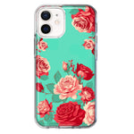 Apple iPhone 12 Turquoise Teal Vintage Pastel Pink Red Roses Double Layer Phone Case Cover