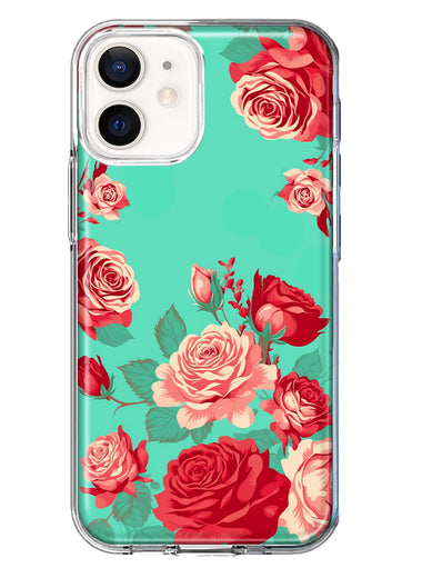 Apple iPhone 12 Mini Turquoise Teal Vintage Pastel Pink Red Roses Double Layer Phone Case Cover