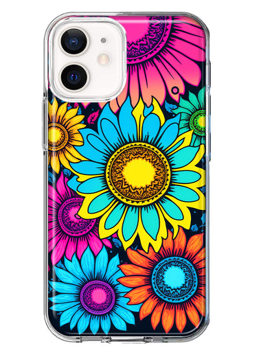 Apple iPhone 12 Vintage Colorful Abstract Sunflowers Floral Double Layer Phone Case Cover