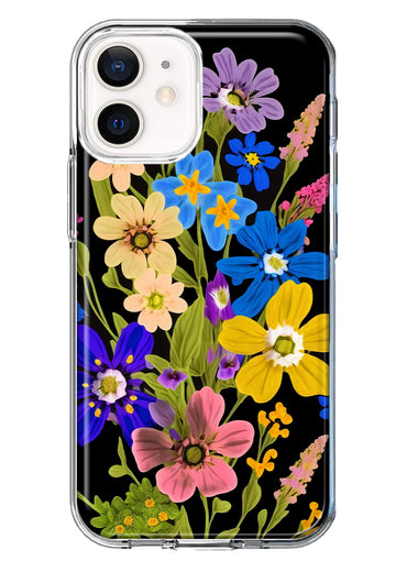Apple iPhone 12 Blue Yellow Vintage Spring Wild Flowers Floral Hybrid Protective Phone Case Cover