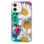 Apple iPhone 12 Colorful Crystal White Daisies Rainbow Gems Teal Double Layer Phone Case Cover