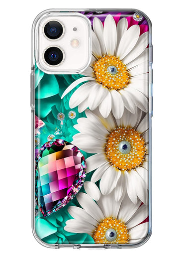 Apple iPhone 12 Mini Colorful Crystal White Daisies Rainbow Gems Teal Double Layer Phone Case Cover