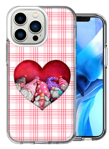 Apple iPhone 13 Pro Valentine's Day Garden Gnomes Heart Love Pink Plaid Double Layer Phone Case Cover