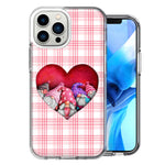 Apple iPhone 14 Pro Valentine's Day Garden Gnomes Heart Love Pink Plaid Design Double Layer Phone Case Cover
