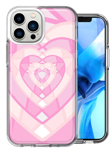 Apple iPhone 15 Pro Max Pink Gem Hearts Design Double Layer Phone Case Cover