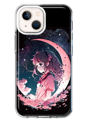 Apple iPhone 13 Kawaii Manga Pink Cherry Blossom Dreaming Moon Girl Hybrid Protective Phone Case Cover