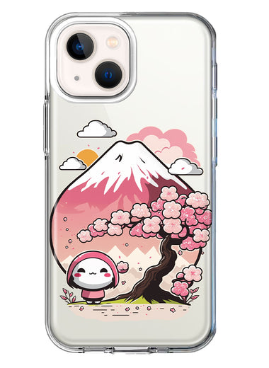 Apple iPhone 13 Kawaii Manga Pink Cherry Blossom Fuji Mountain Mochi Girl Hybrid Protective Phone Case Cover