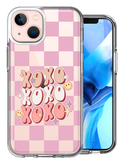 Apple iPhone 14 Plus Retro Pink Checkered XOXO Vintage 70s Style Hippie Valentine Love Double Layer Phone Case Cover