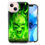 Apple iPhone 14 Green Flaming Skull Double Layer Phone Case Cover