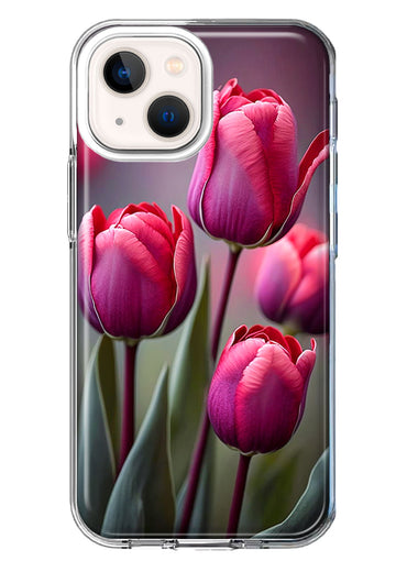 Apple iPhone 13 Pink Tulip Flowers Floral Hybrid Protective Phone Case Cover