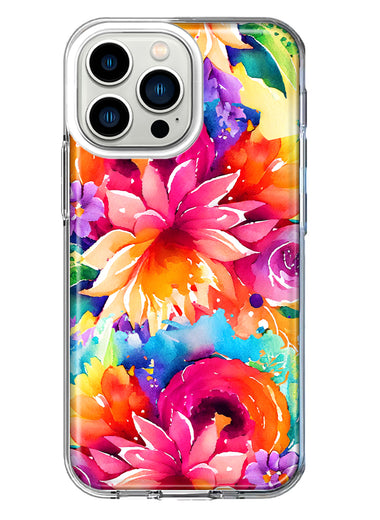 Apple iPhone 13 Pro Watercolor Paint Summer Rainbow Flowers Bouquet Bloom Floral Hybrid Protective Phone Case Cover