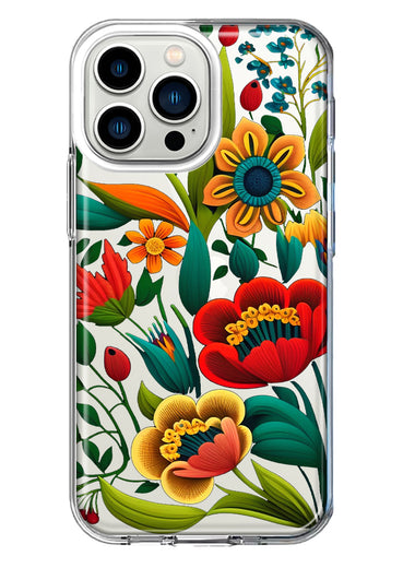 Apple iPhone 13 Pro Colorful Red Orange Folk Style Floral Vibrant Spring Flowers Hybrid Protective Phone Case Cover
