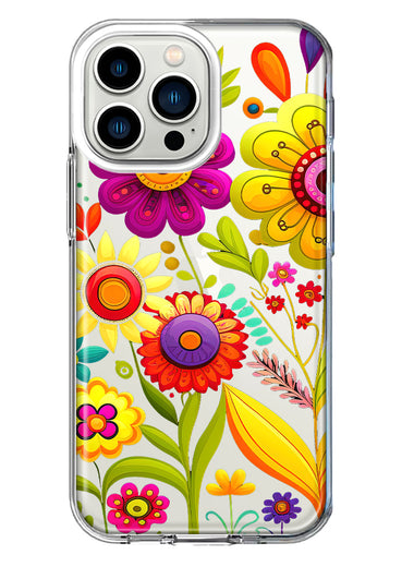 Apple iPhone 13 Pro Colorful Yellow Pink Folk Style Floral Vibrant Spring Flowers Hybrid Protective Phone Case Cover