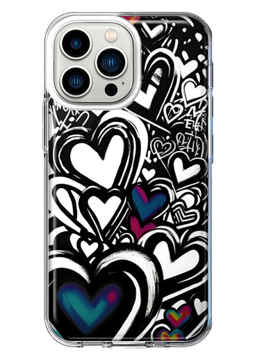 Apple iPhone 13 Pro Black White Hearts Love Graffiti Hybrid Protective Phone Case Cover