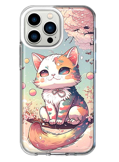 Apple iPhone 13 Pro Kawaii Manga Pink Cherry Blossom Cute Cat Hybrid Protective Phone Case Cover