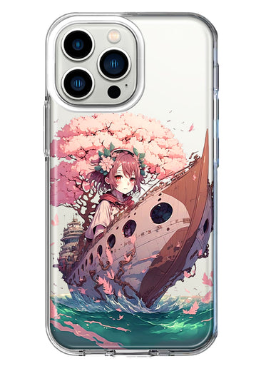 Apple iPhone 13 Pro Kawaii Manga Pink Cherry Blossom Japanese Girl Boat Hybrid Protective Phone Case Cover