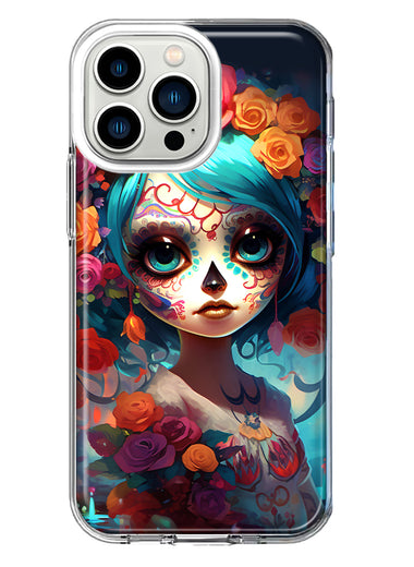 Apple iPhone 13 Pro Halloween Spooky Colorful Day of the Dead Skull Girl Hybrid Protective Phone Case Cover