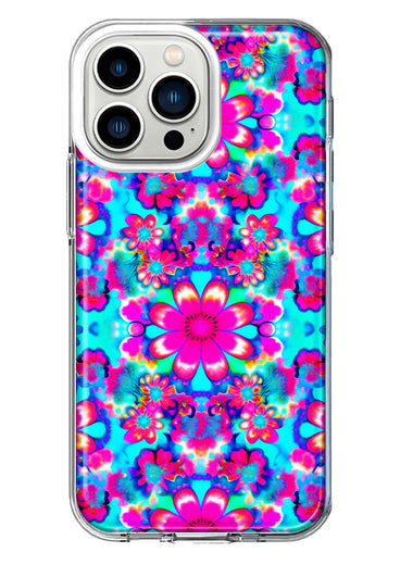 Apple iPhone 13 Pro Pink Blue Vintage Hippie Tie Dye Flowers Hybrid Protective Phone Case Cover